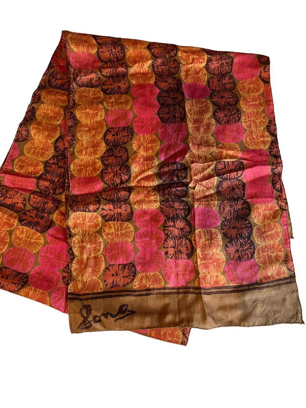 Vintage Sona Indian silk Batik print scarf mocha brown pink